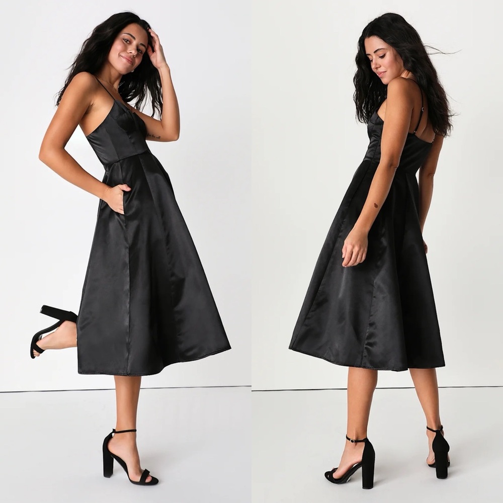 Lulus Something To Celebrate Black Satin A-Line Midi Dress With Pockets